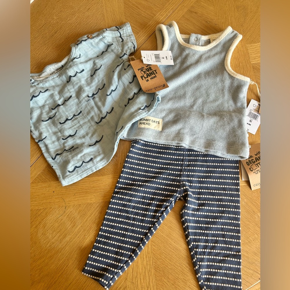 Baby NWT Easy-Peasy Bundle Tank, Shirt and leggings Blue 100% Cotton
